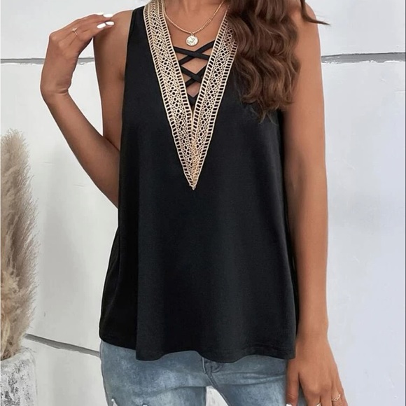 Classic Boho Lace Crisscross Front Sleeveless Tank Top Blouse Shirt Black - Picture 5 of 11